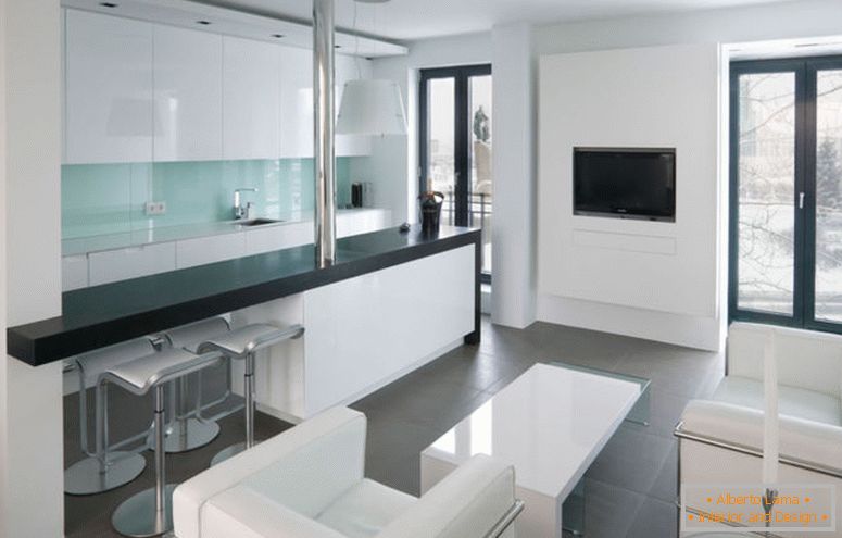 quartos-simples-estúdio-apartamento-design-idéia-de-sala-de-estar-com-branco-sofá-com-branco-mesa-cinza-chão-telha-e-porta de vidro-com-preto-quadro-elegante- estúdio-apartamento-design-idéias