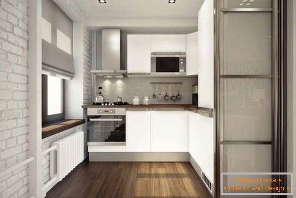 Pequena cozinha no projeto de um apartamento de dois quartos de 45 metros quadrados