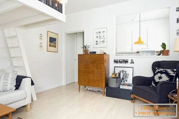 Design escandinavo de um apartamento de um quarto de 35 metros quadrados