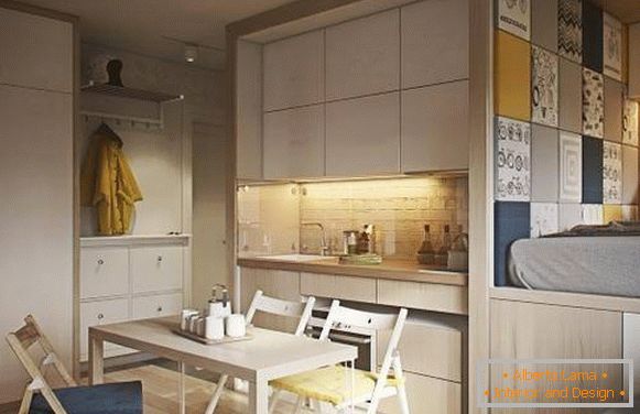 Design elegante de um apartamento de 40 m² - foto de cozinha e quarto