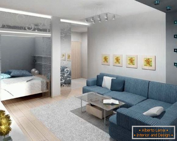 Projeto de apartamento de um quarto: dividido em duas zonas, um quarto e um hall