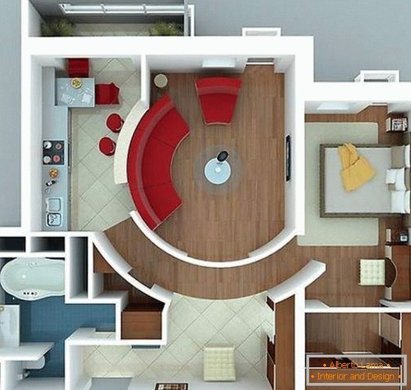 Projeto de design de apartamento de um quarto com quarto separado