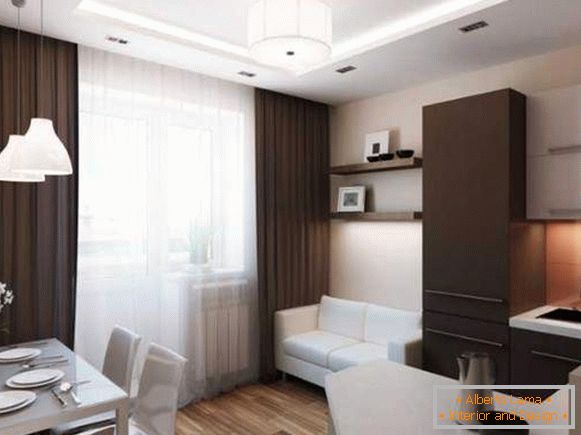 Projeto de um pequeno apartamento de um quarto: uma cozinha no corredor e um quarto separado
