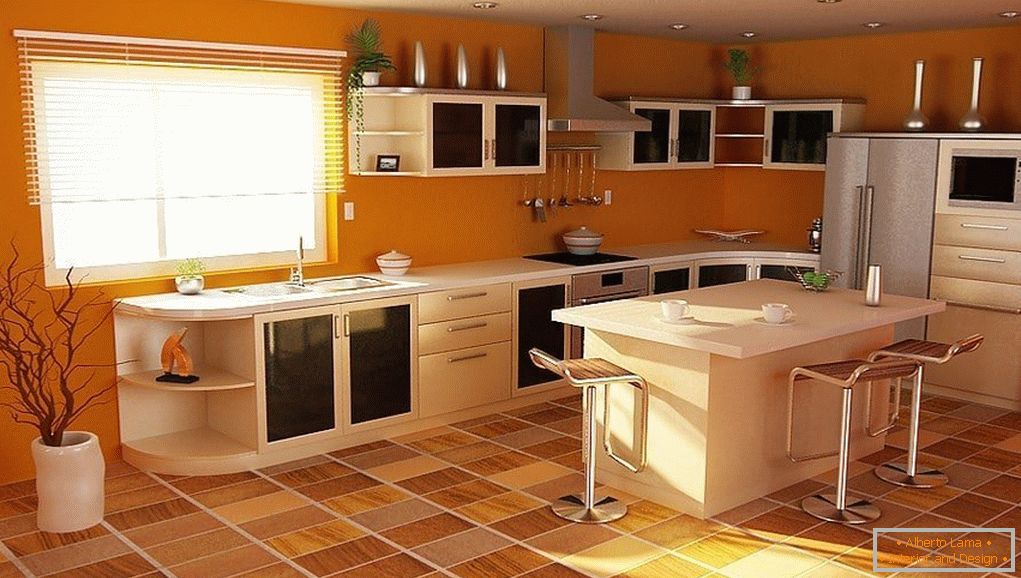 Cozinha laranja espaçosa