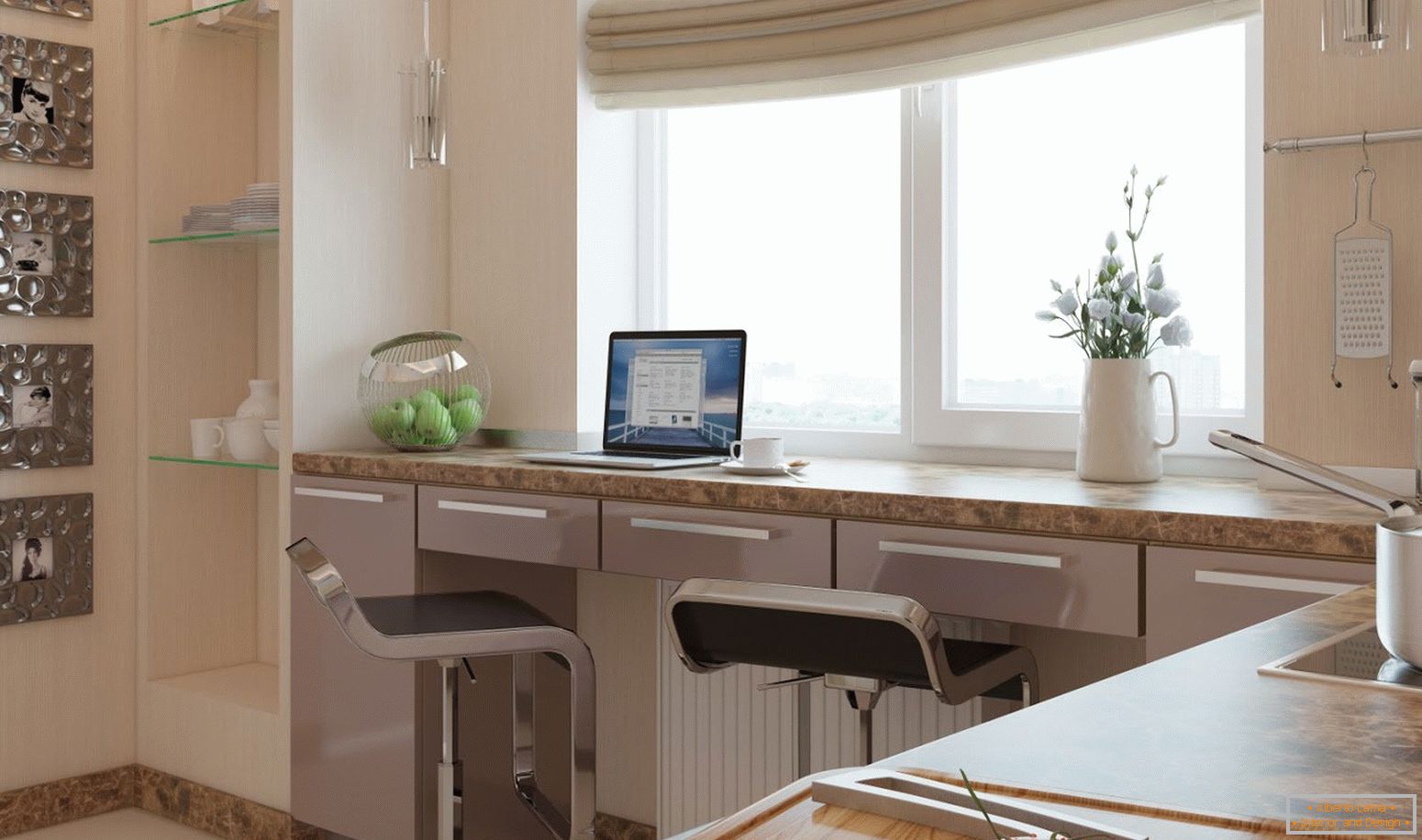 Área de trabalho na cozinha, combinada com um peitoril da janela