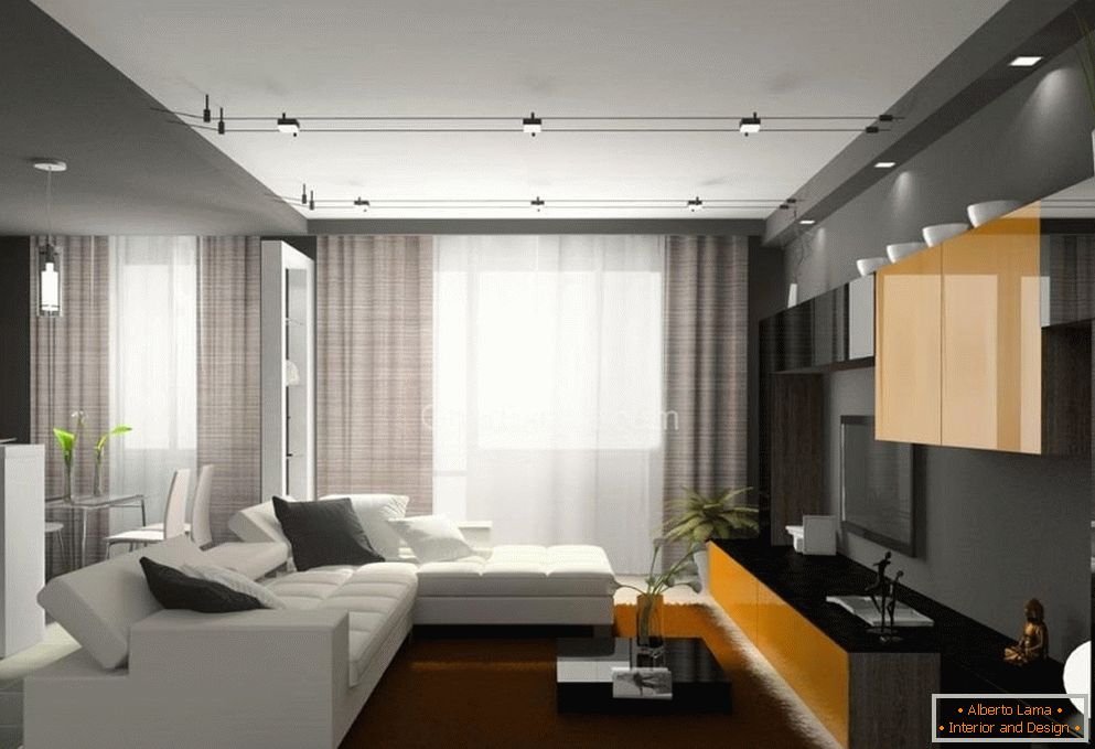 Sofá branco e tapete marrom na sala de estar