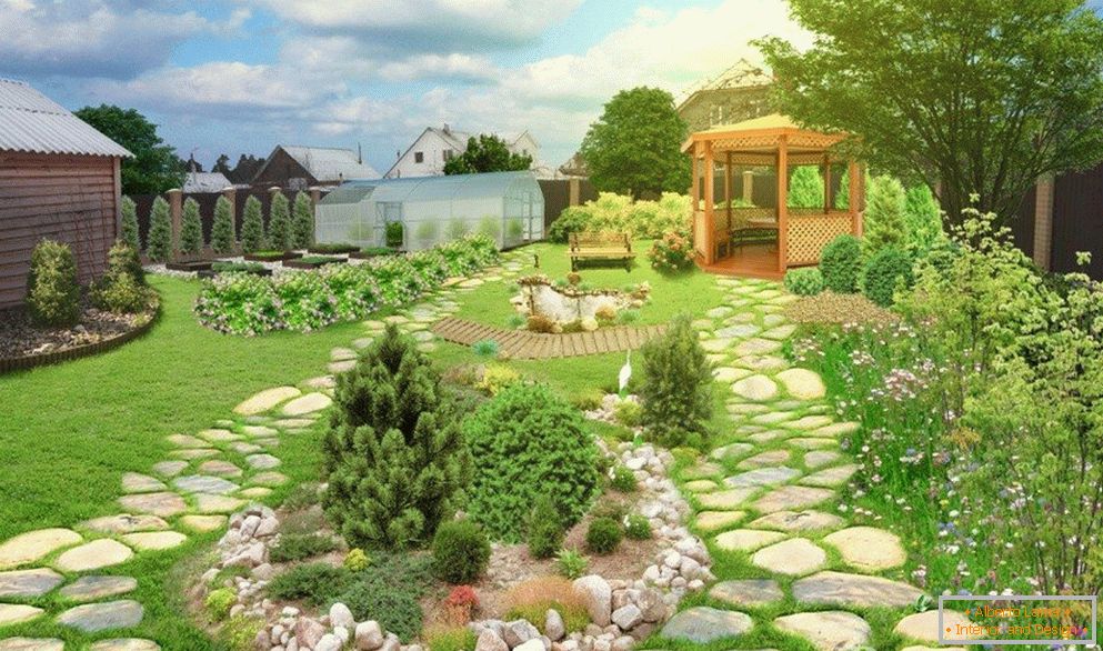 Jardim com pérgola e caminhos de pedra