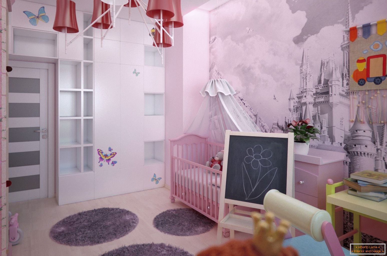 Design de interiores do quarto das crianças da menina com um bloqueio