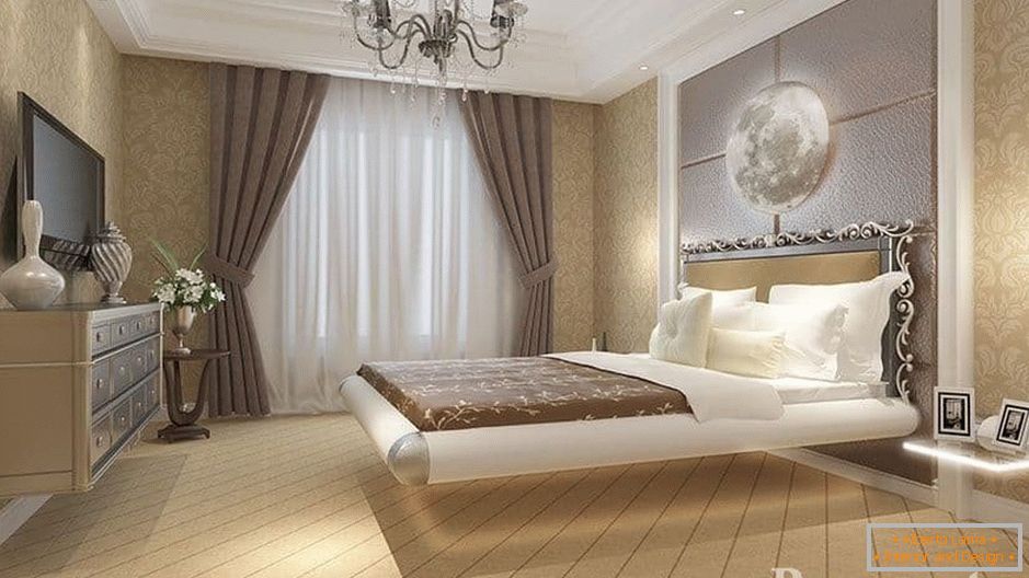 Uma cama flutuante acima do quarto em um quarto de estilo clássico