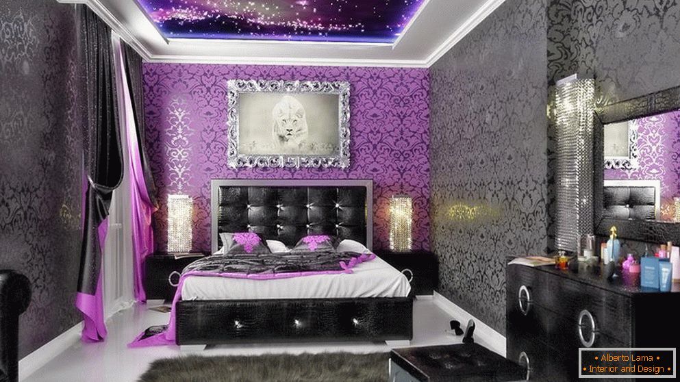 Papel de parede preto e lilás no quarto