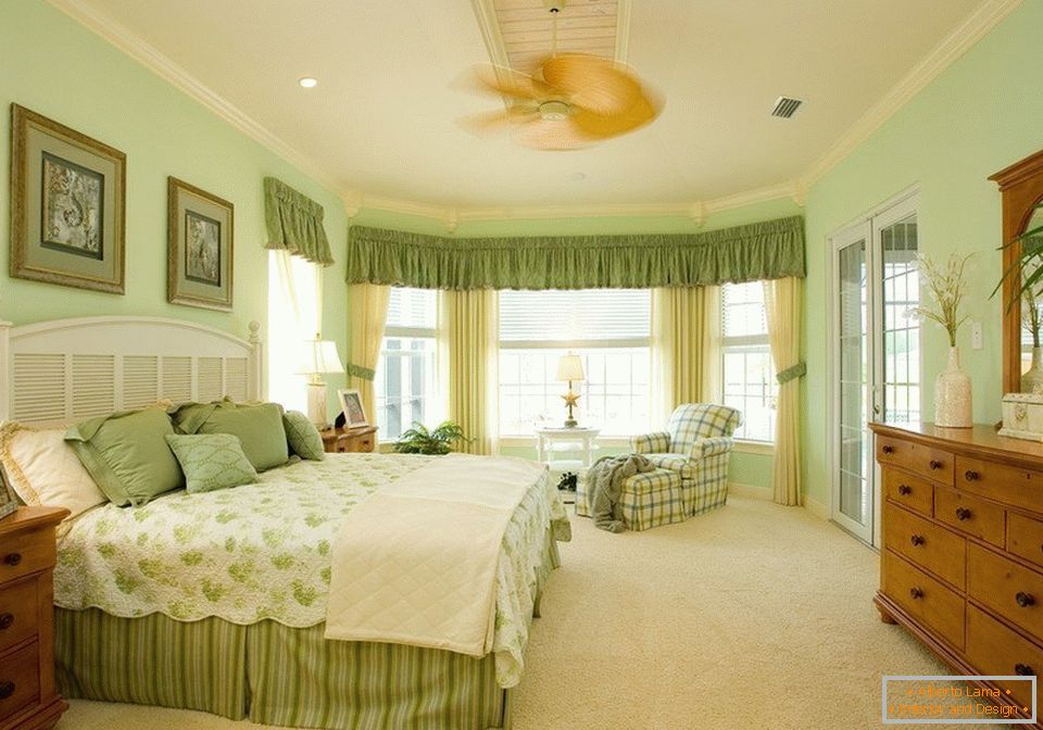 Interior, de, um, espaçoso, quarto, em, verde, cores