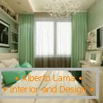 Interior elegante quarto nas cores verdes e brancas