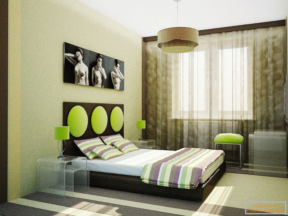 Design de quarto incomum em cores verdes bege