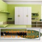 Design de quarto incomum em cores verdes e brancas