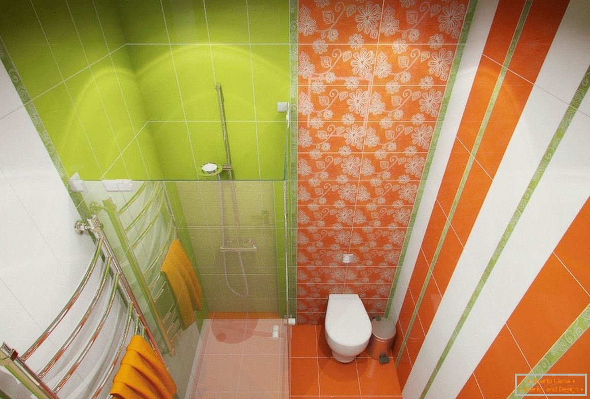 Azulejos laranja e verdes no chuveiro