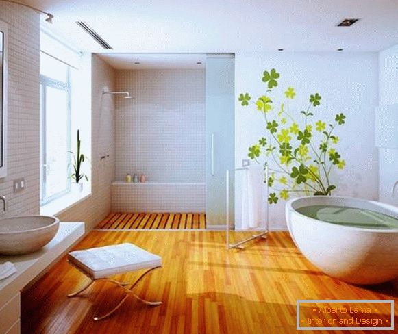 Projeto de banheiro com piso de madeira