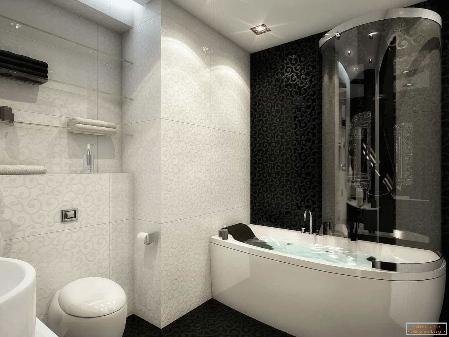 A combinação de azulejos brancos e pretos no banheiro
