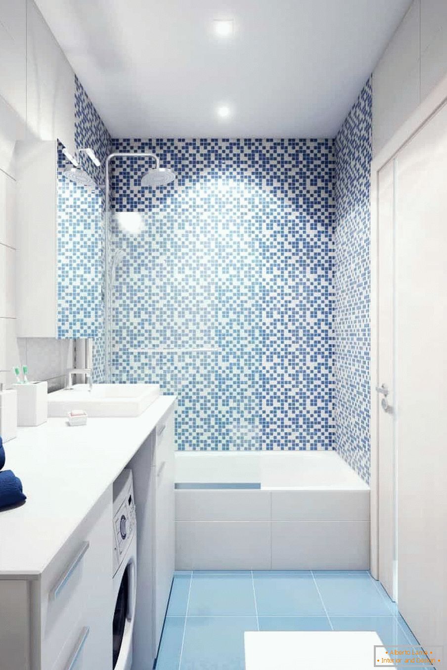 Banheiro branco-azul na casa do painel