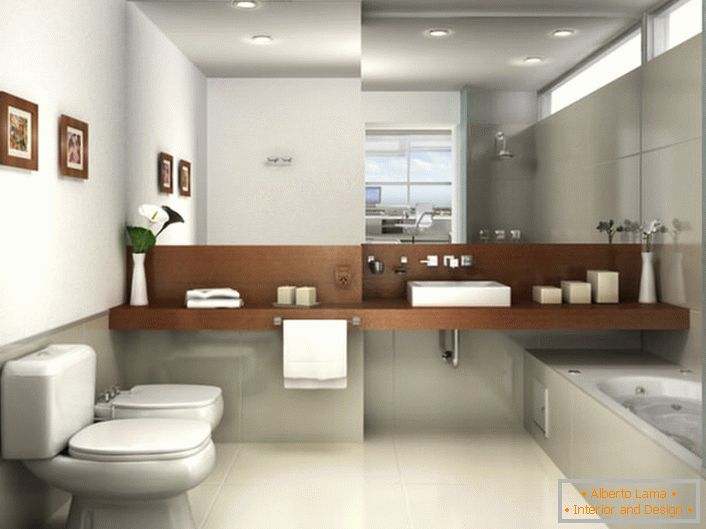 Banheiro no estilo do minimalismo é decorado em tons de cinza claro. A vista é atraída por um grande espelho, que ocupa toda a parede acima do lavatório.
