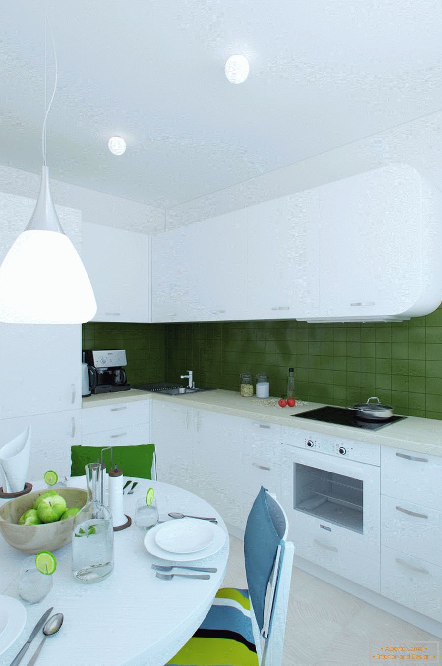 Design de interiores de cozinha nas cores brancas e verdes