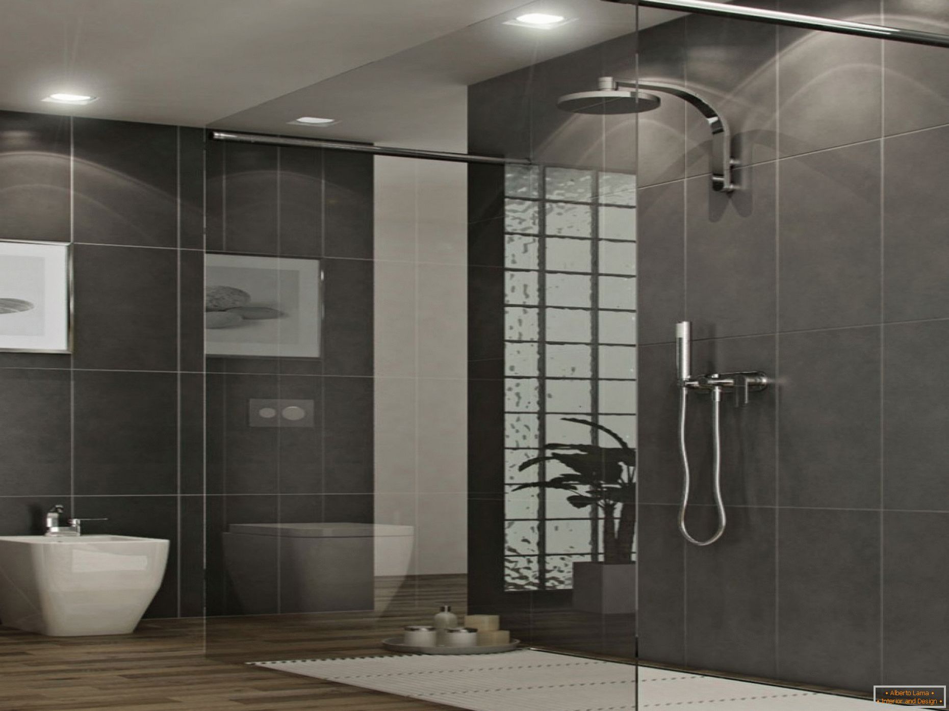 Grande casa de banho com paredes pretas e piso bege