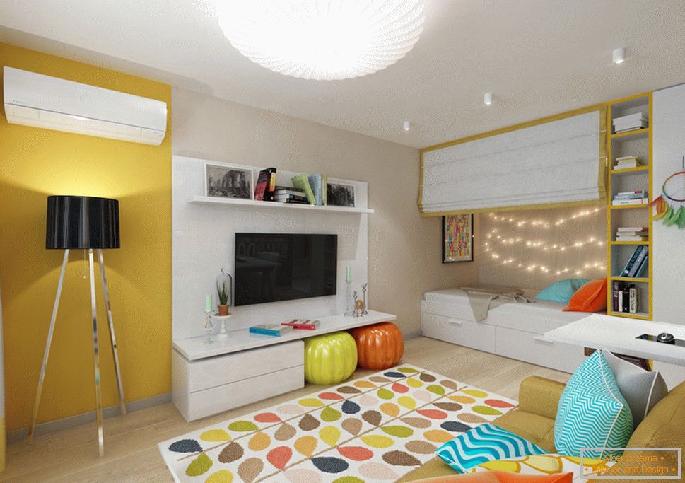 Design de interiores colorido de um pequeno apartamento