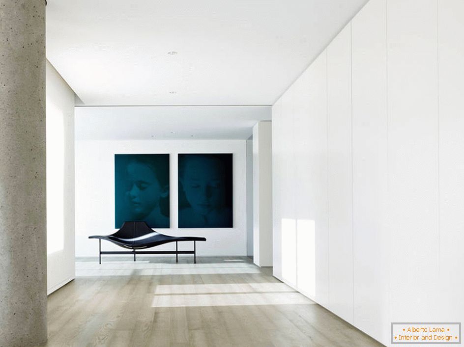 Um exemplo vívido de um design de salão minimalista em uma mansão de campo.
