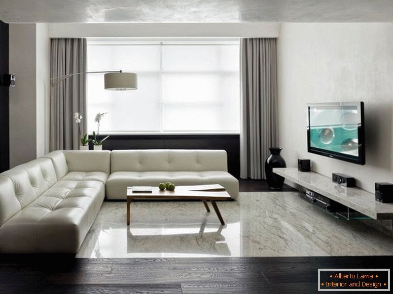 Uma das cores mais usadas para decoração de interiores em estilos de minimalismo é cinza. Uma ampla gama de tons de cinza permite que o designer organize detalhes leves, tornando a sala mais espaçosa. 