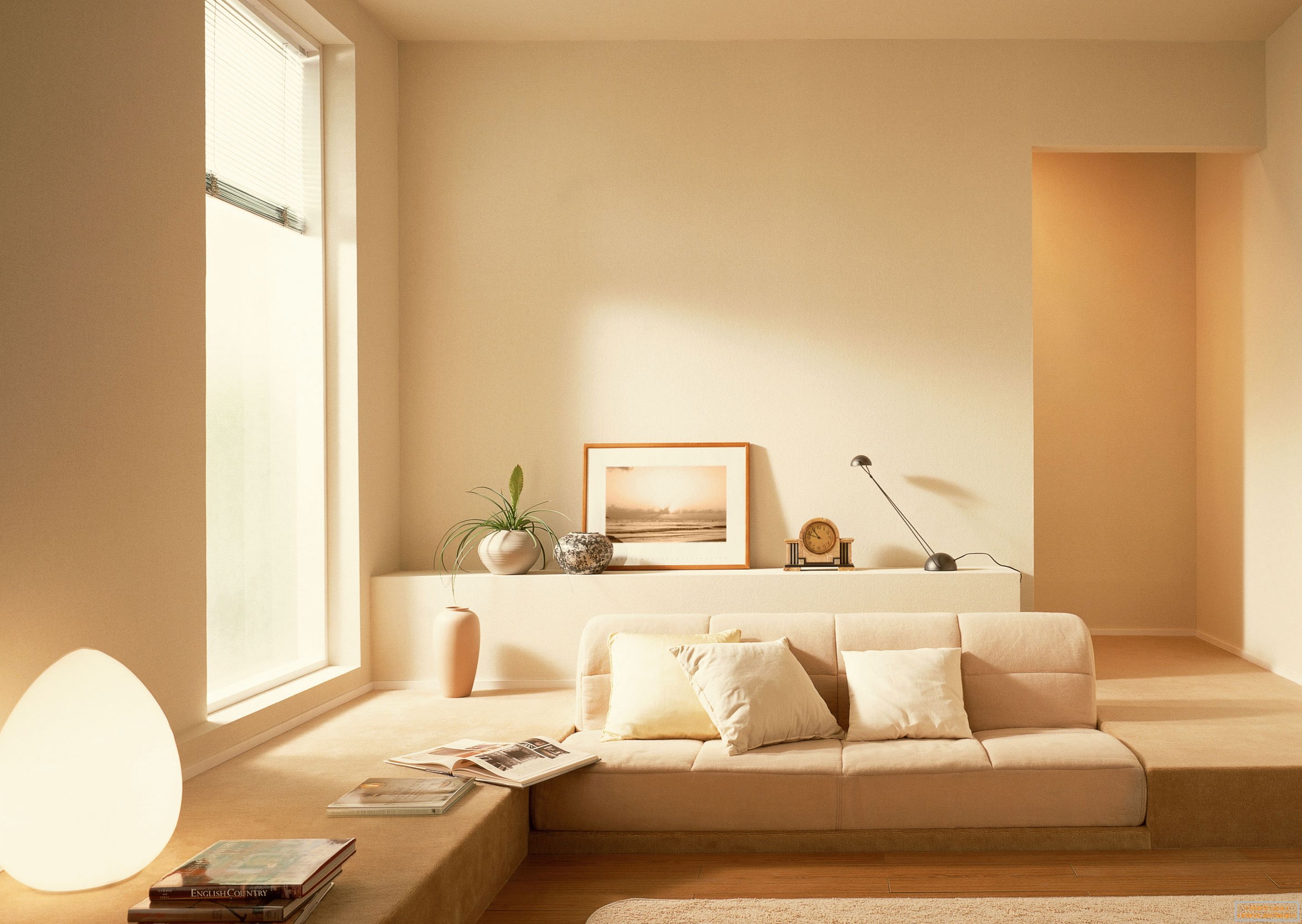 De acordo com o estilo do minimalismo, uma sombra bege foi usada para organizar o interior da sala de estar.