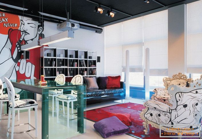 Pafos sala de estar no estilo de ecletismo para uma menina elegante e excêntrica. 