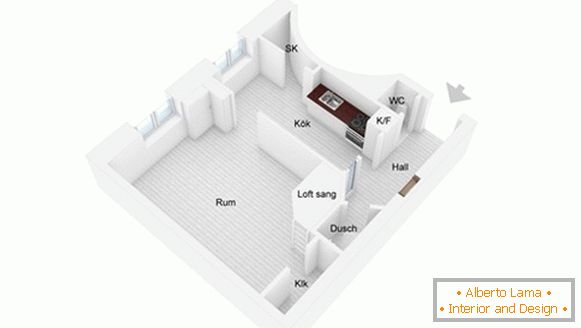 O plano de um pequeno apartamento na Suécia