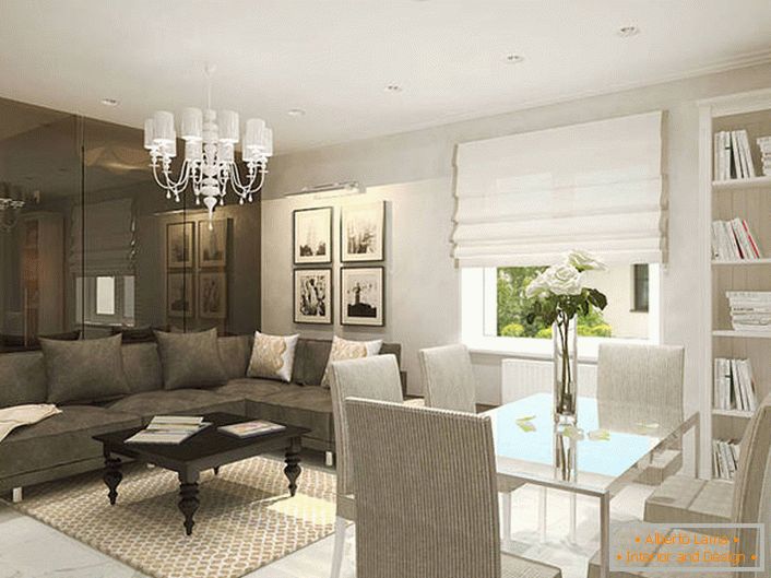 Sala de estar em um estilo moderno é competentemente dividido em uma área de lazer e uma área de jantar com a ajuda de um jogo de design com um esquema de cores.