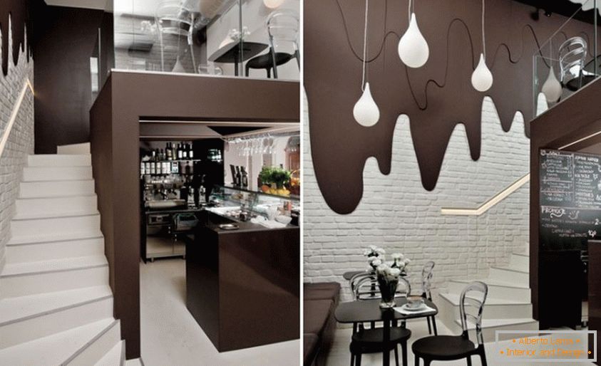 Café interior com paredes de chocolate com manchas