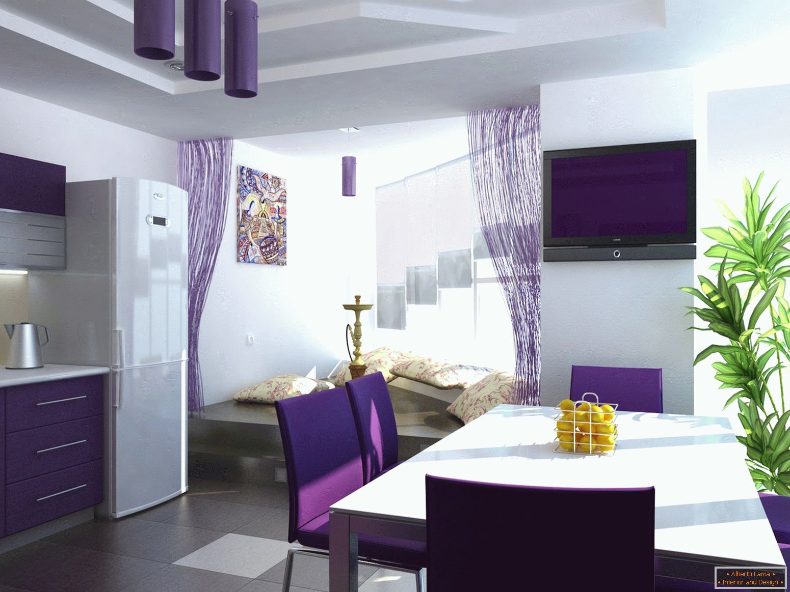 Cortinas violetas na cozinha