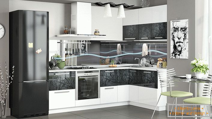 A cozinha moderna é decorada com uma unidade de cozinha modular. Conjunto de canto permite economizar espaço.