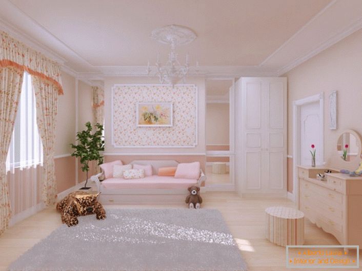 Um bonito quarto de crianças é decorado em estilo campestre. Para a decoração também é usado estuque de poliuretano. 