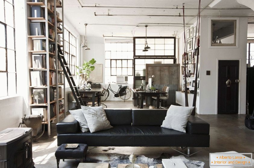 Design lounge preto e branco em estilo loft