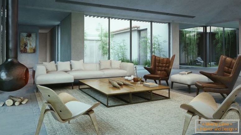 sofá de estilo moderno-com-madeira-mesa de café-também-marrom cadeira de asa-também-lareira