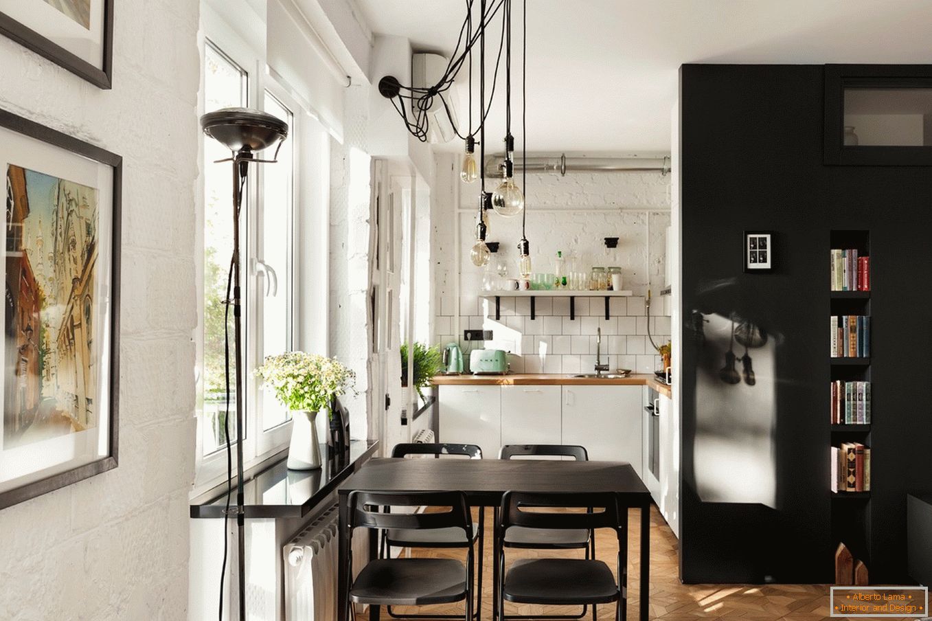 Design de uma pequena cozinha em preto e branco