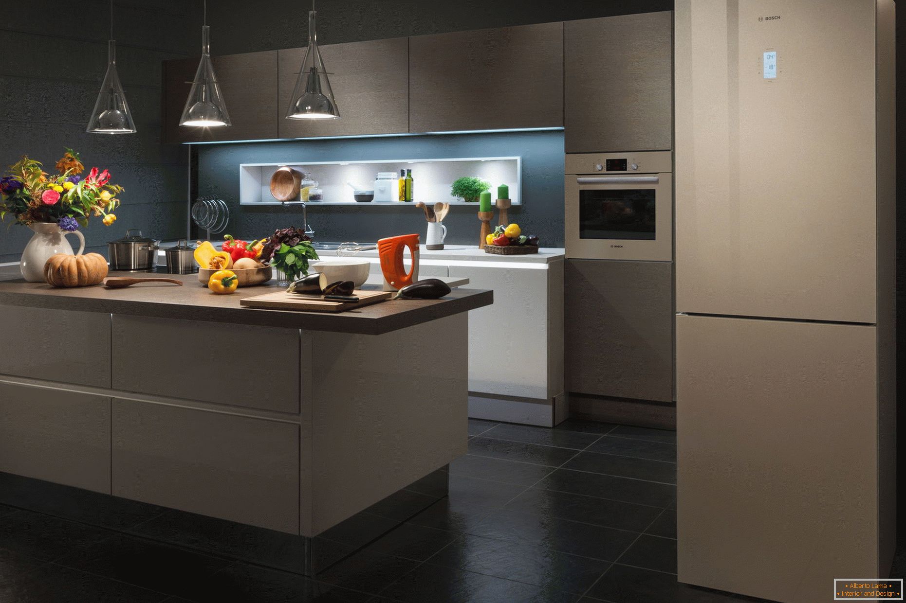 Interior moderno da cozinha com geladeira