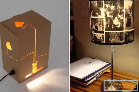 Abajures de mesa feitos de papelão e fotografias