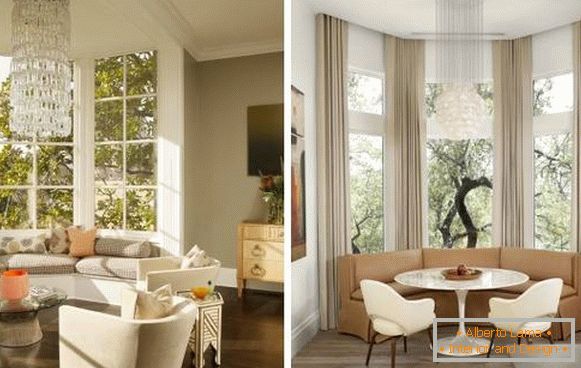 Projeto da cozinha da sala de estar com uma janela de sacada no estilo de luxo