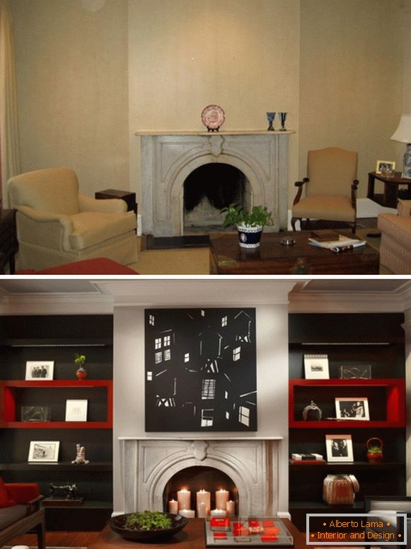 Projeto da sala de estar com lareira antes e depois