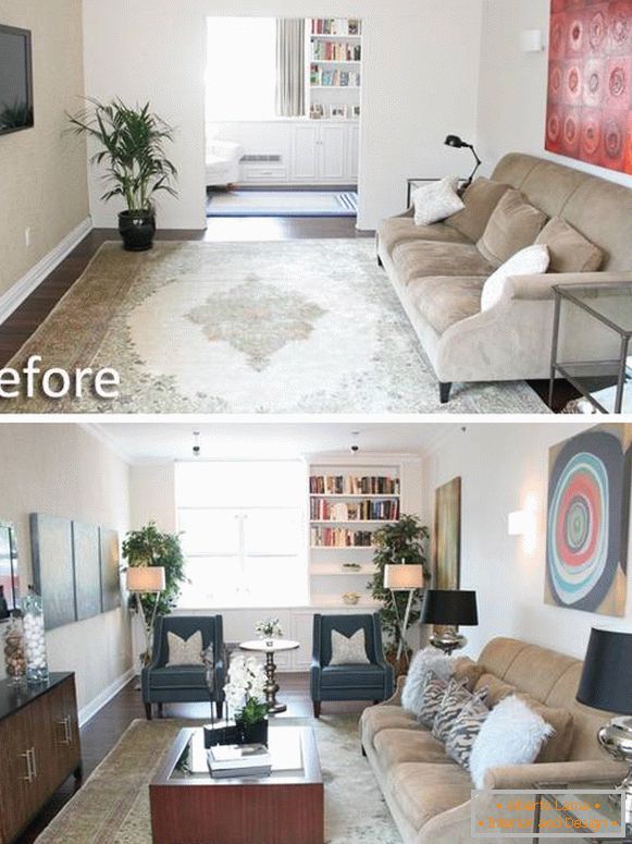 Foto da sala de estar em uma casa particular antes e depois