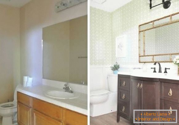 Novo design de um banheiro em uma casa particular antes e depois