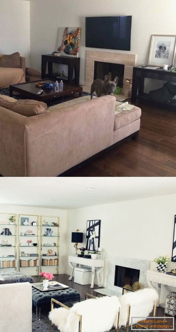 Interiores da sala de estar de uma casa particular antes e depois