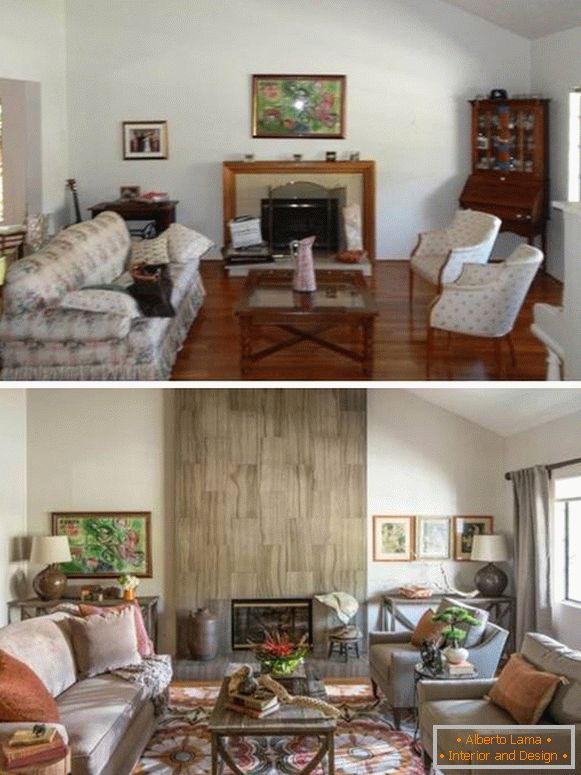 Aconchegante sala de estar com lareira foto design interior antes e depois