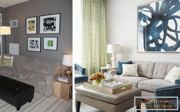 Design elegante de uma casa particular dentro: sala de estar antes e depois