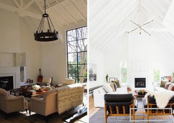 Novo design de interiores de uma casa particular: uma sala de estar antes e depois