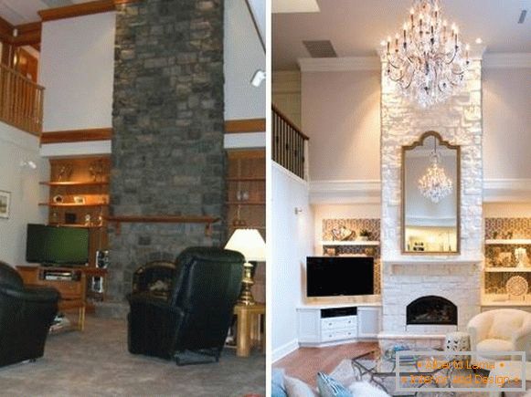 O design elegante da sala de estar com tectos altos antes e depois